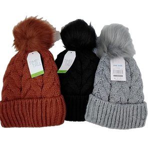 Womens  Ladies Lot 3 Cable Knit Pompom Winter Beanie Hat Faux Fur Lined NEW